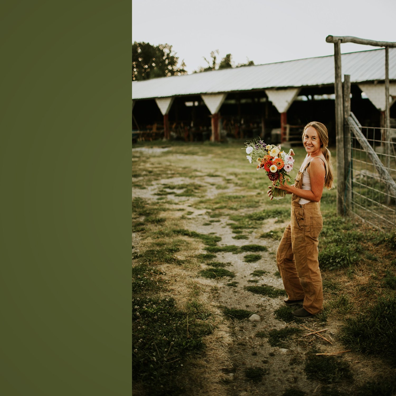 Chantry holding a bouquet at the farm